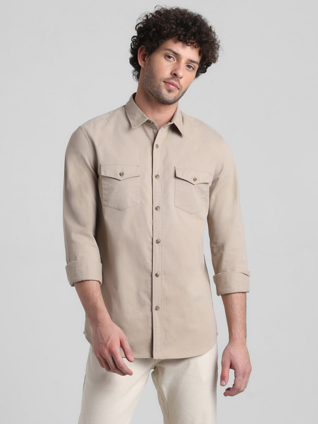 Beige Patch Pocket Cotton Shirt