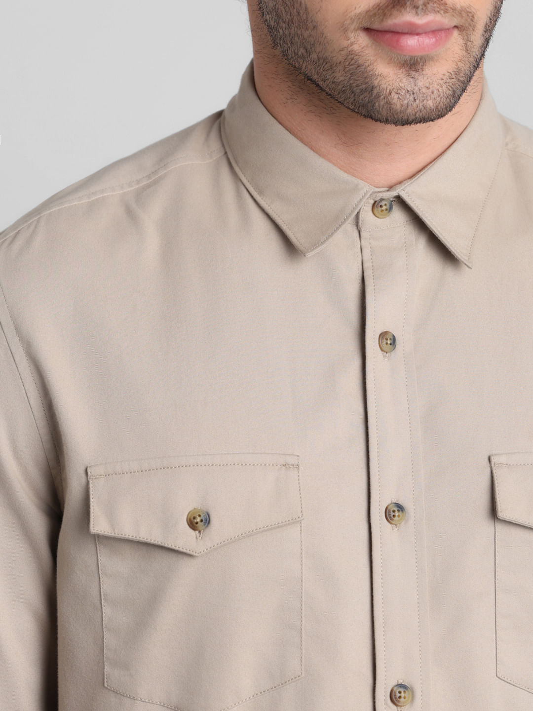 Beige Patch Pocket Cotton Shirt