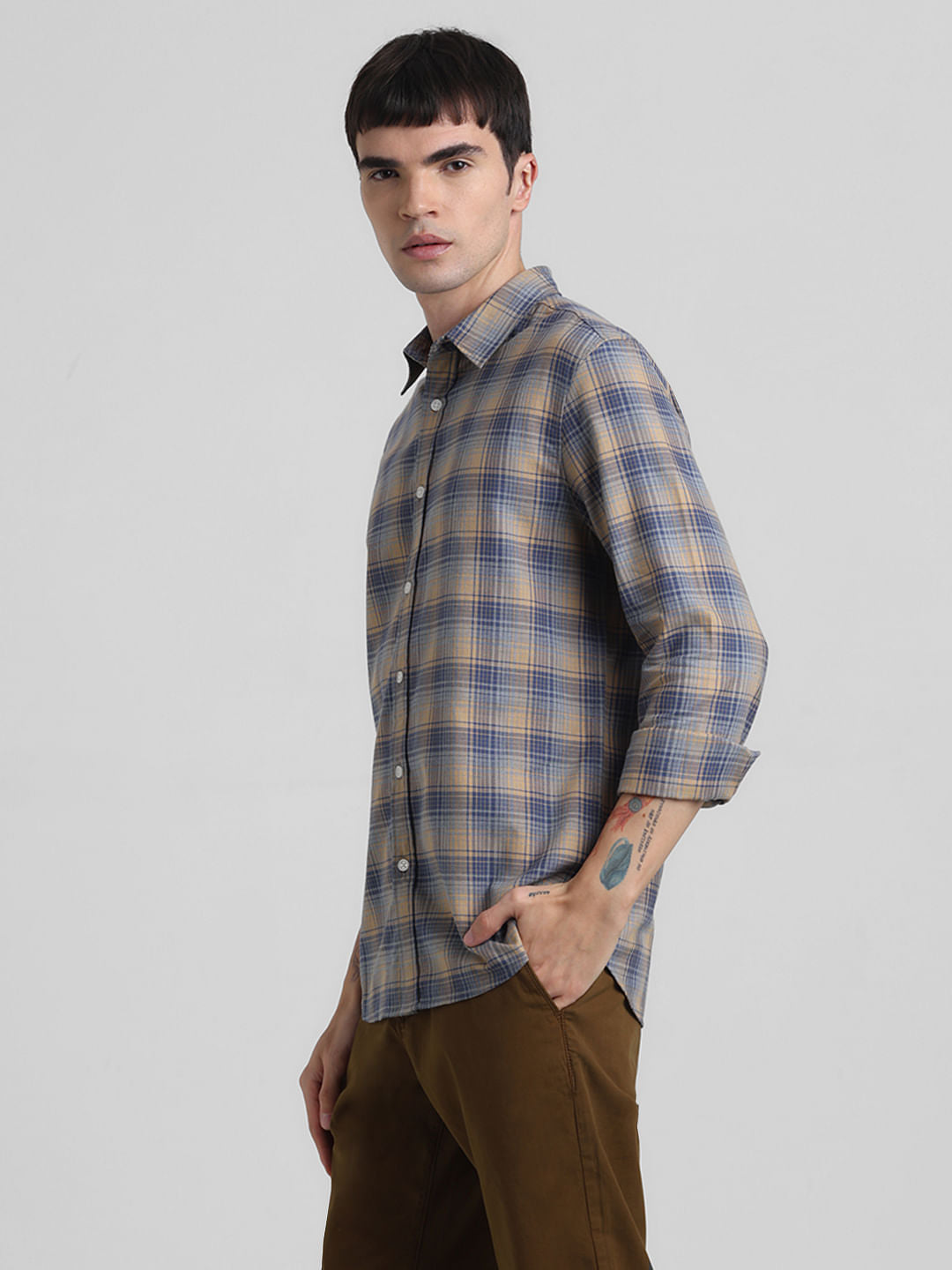 Yellow Check Print Full Sleeves Shirt