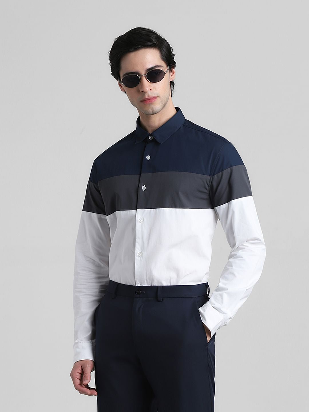 White Colourblocked Cotton Shirt