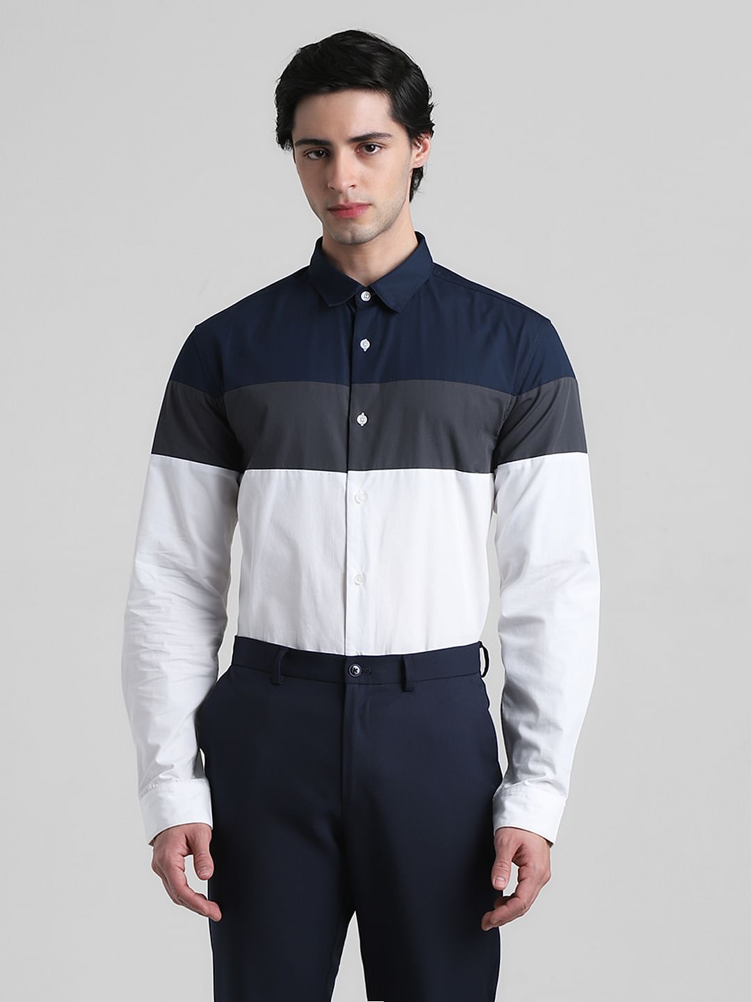 White Colourblocked Cotton Shirt