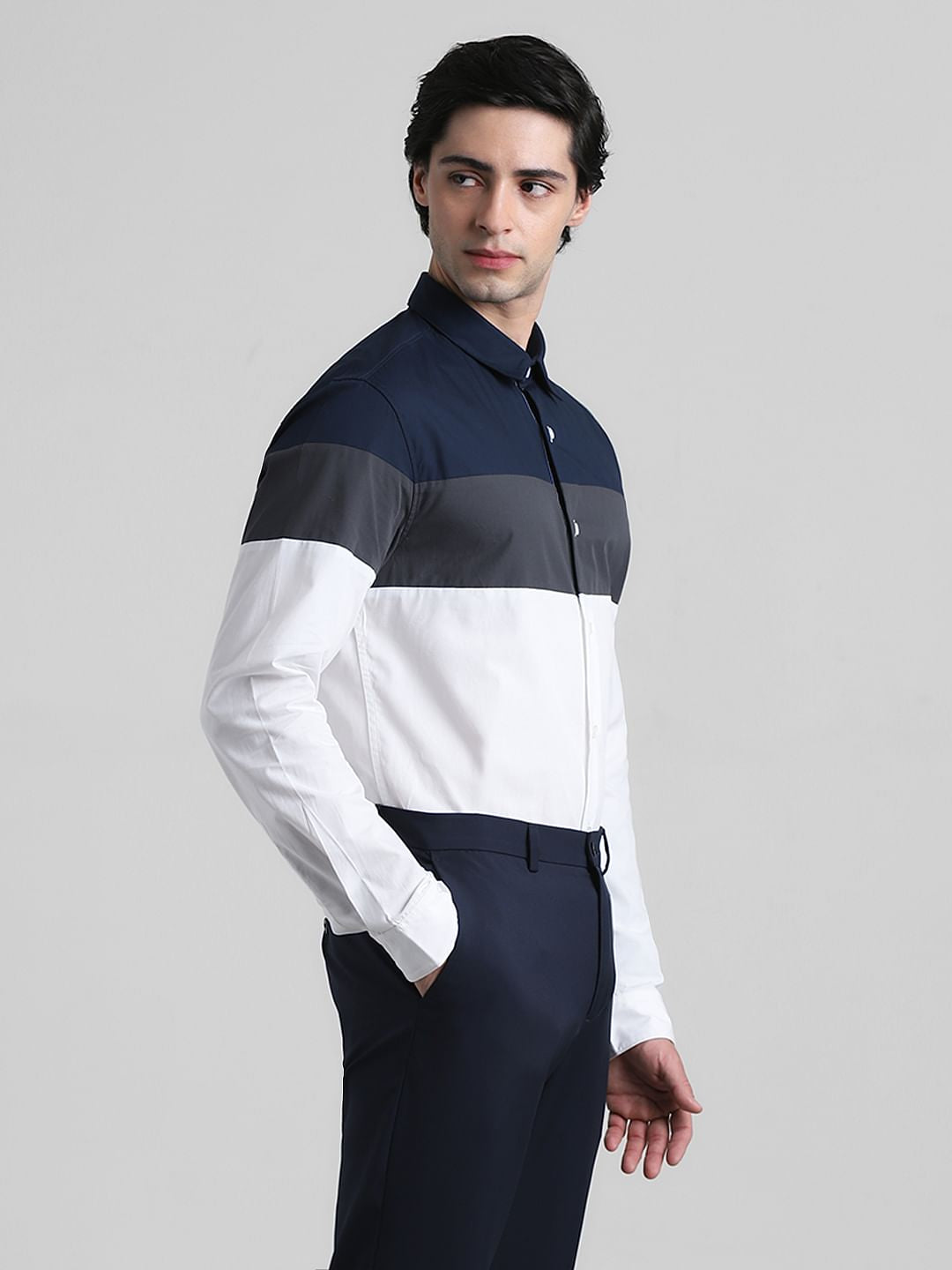 White Colourblocked Cotton Shirt