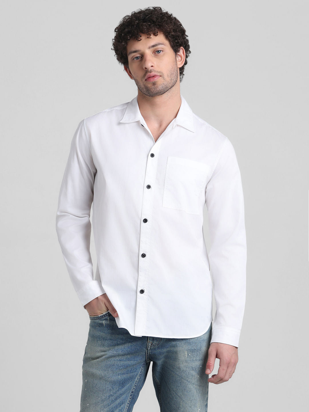 White Placement Print Cotton Shirt