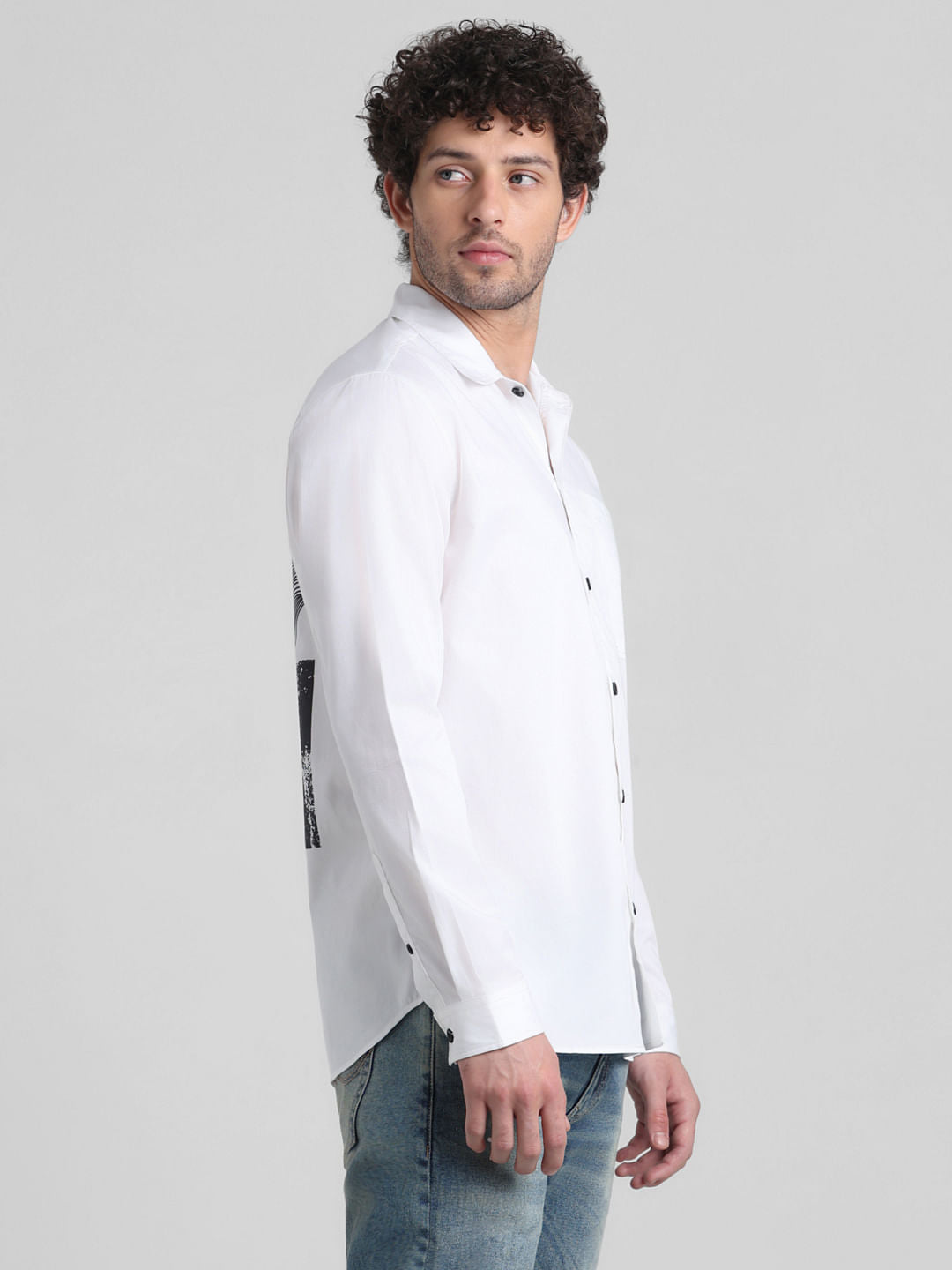 White Placement Print Cotton Shirt