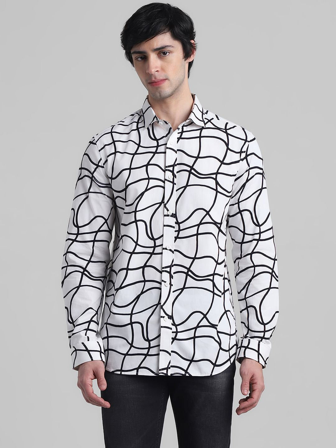 White Abstract Print Cotton Shirt