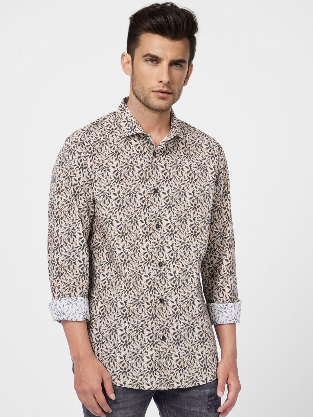 Brown Tropical Print Full Sleeves Shirt