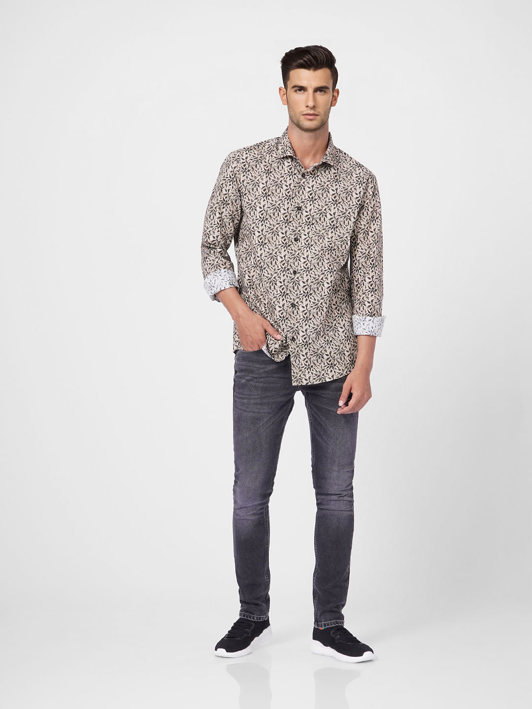 Brown Tropical Print Full Sleeves Shirt