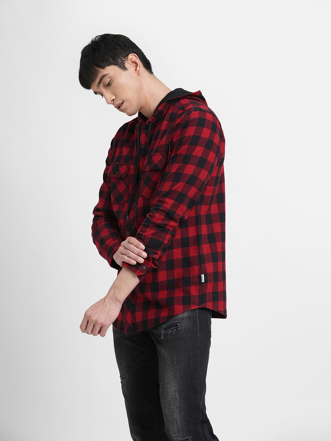 Red Check Hooded Full Sleeves Shirt