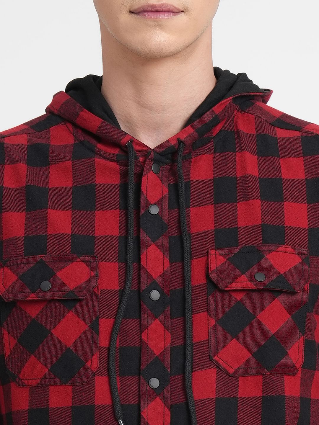 Red Check Hooded Full Sleeves Shirt