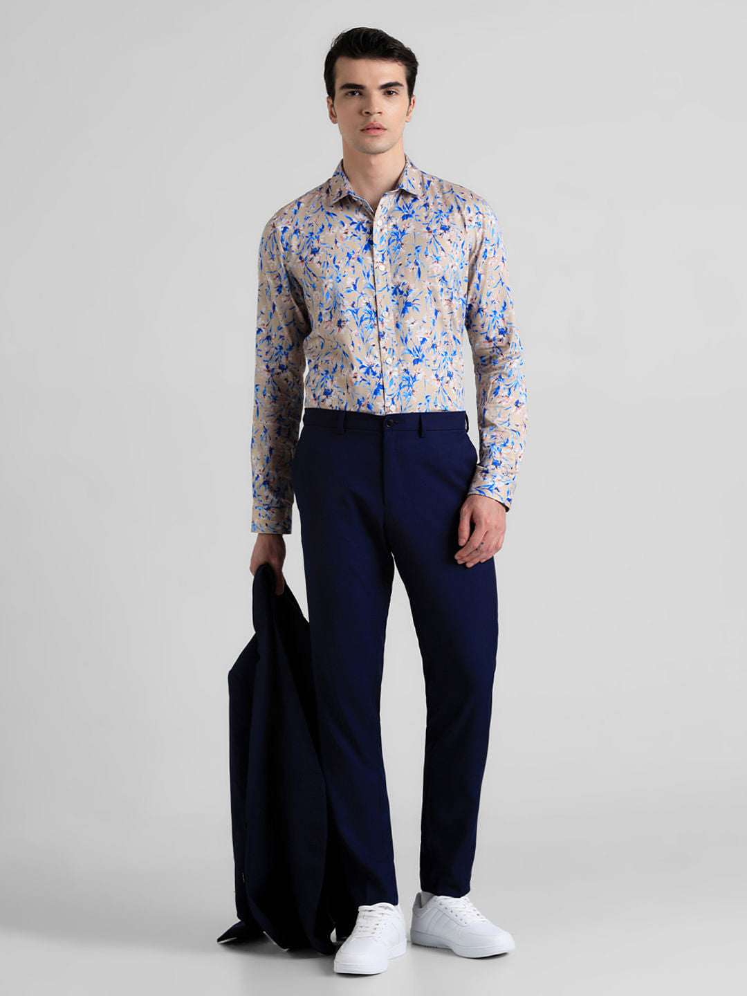 Navy Blue Mid Rise Twill Trousers