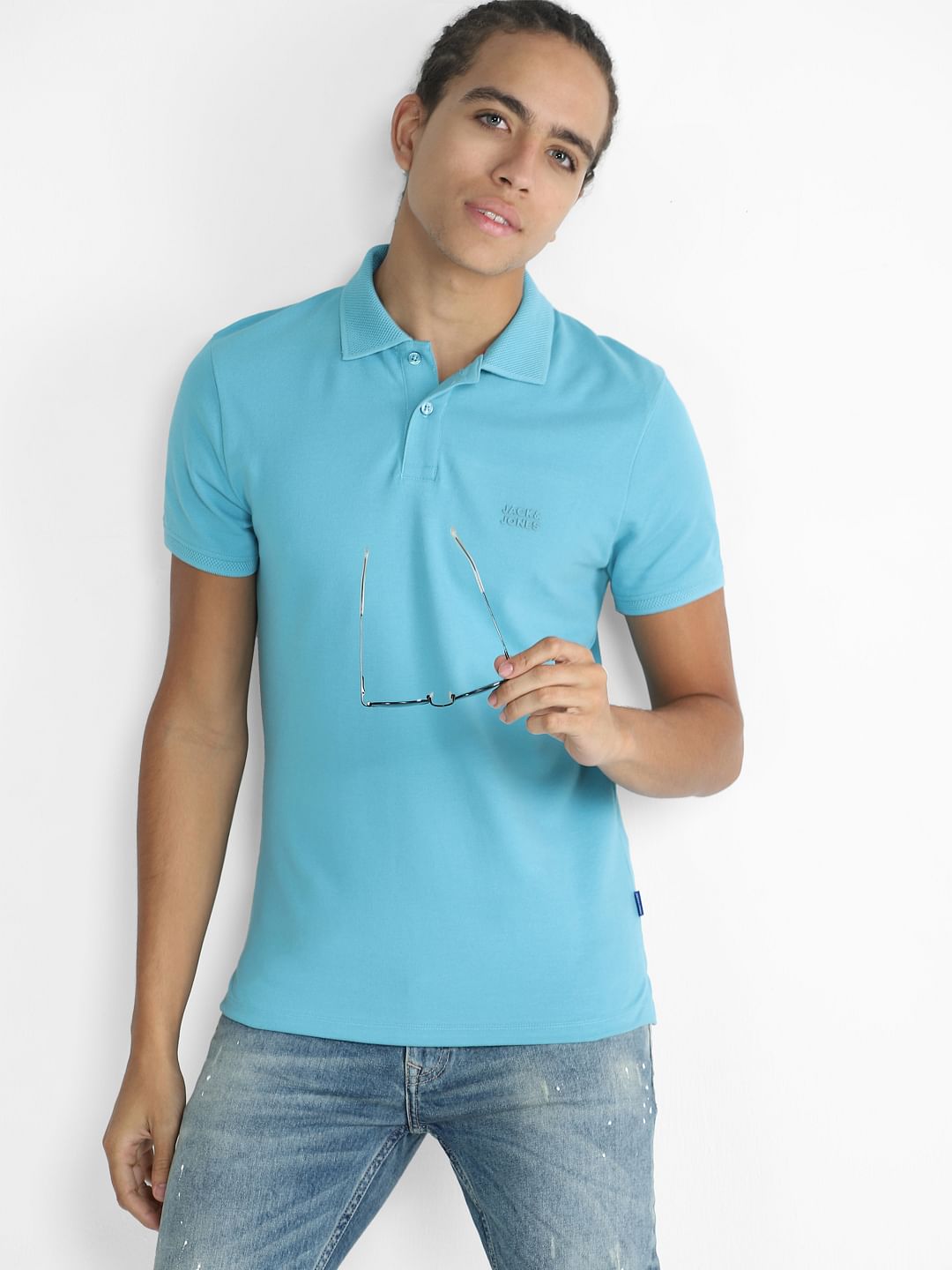 Blue Logo Print Polo Neck T-shirt