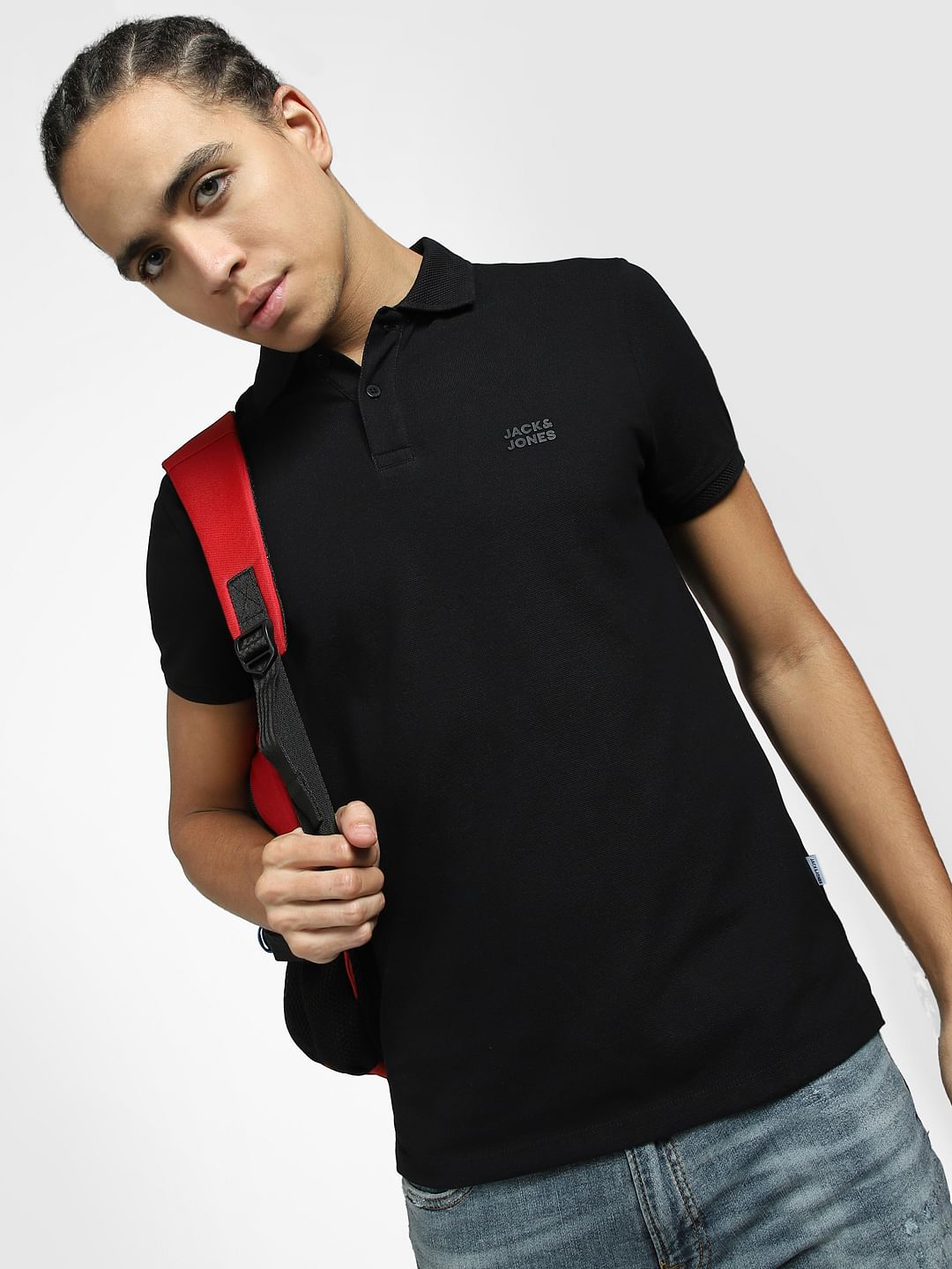 Black Logo Print Polo Neck T-shirt