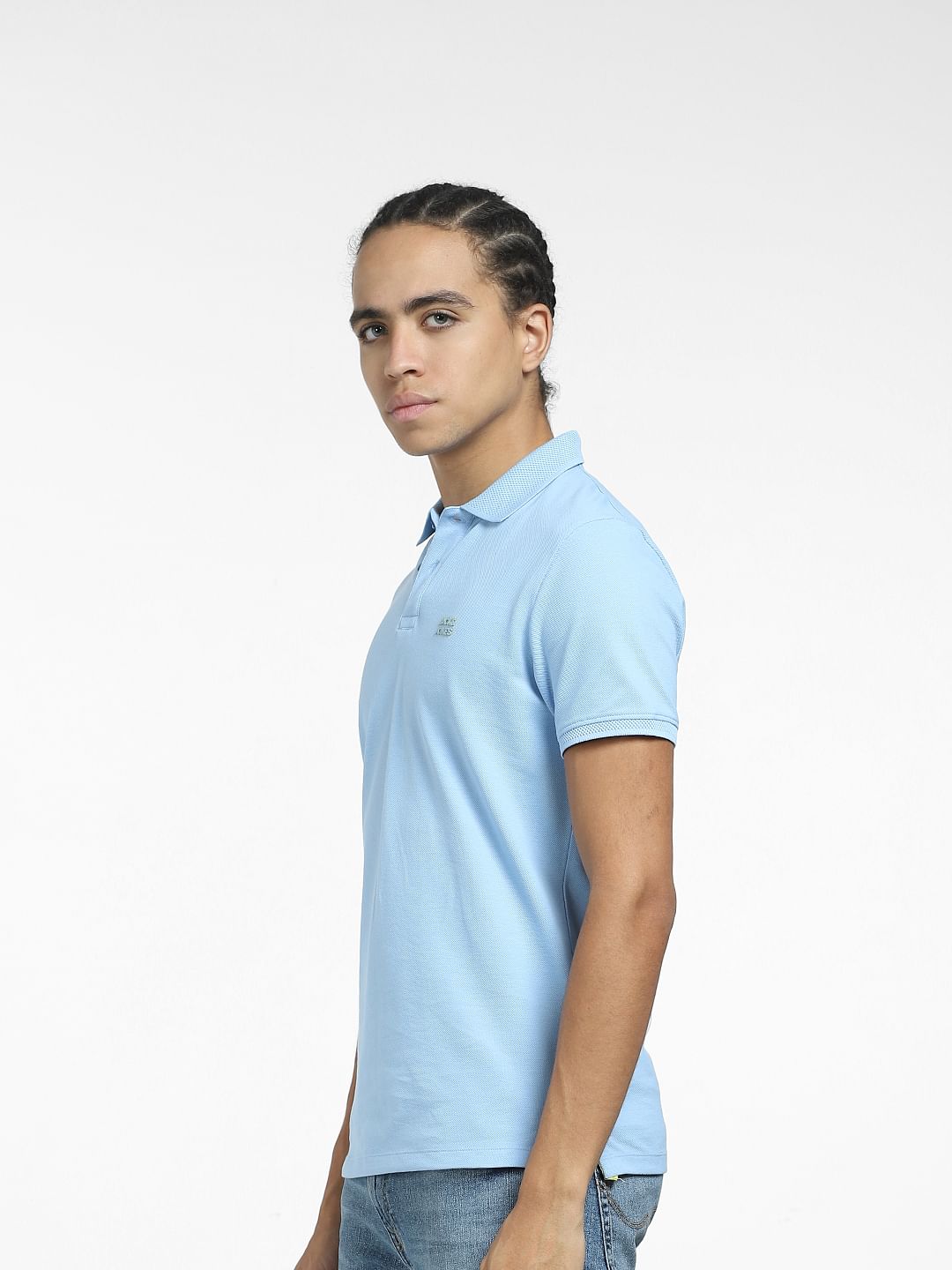 Light Blue Logo Print Polo Neck T-shirt