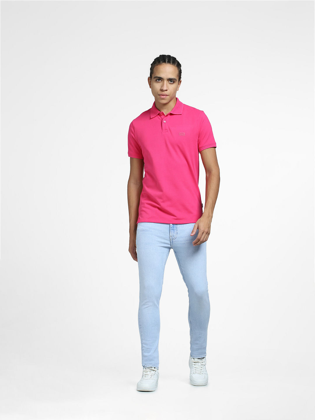 Bright Pink Logo Print Polo Neck T-shirt