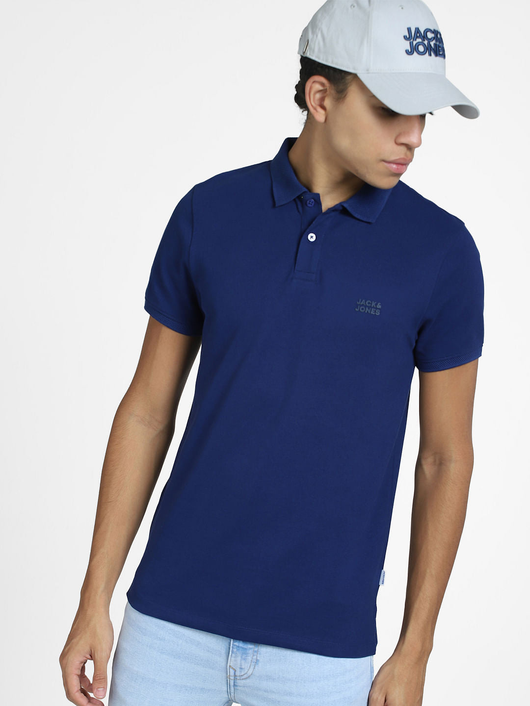 Dark Blue Logo Print Polo Neck T-shirt