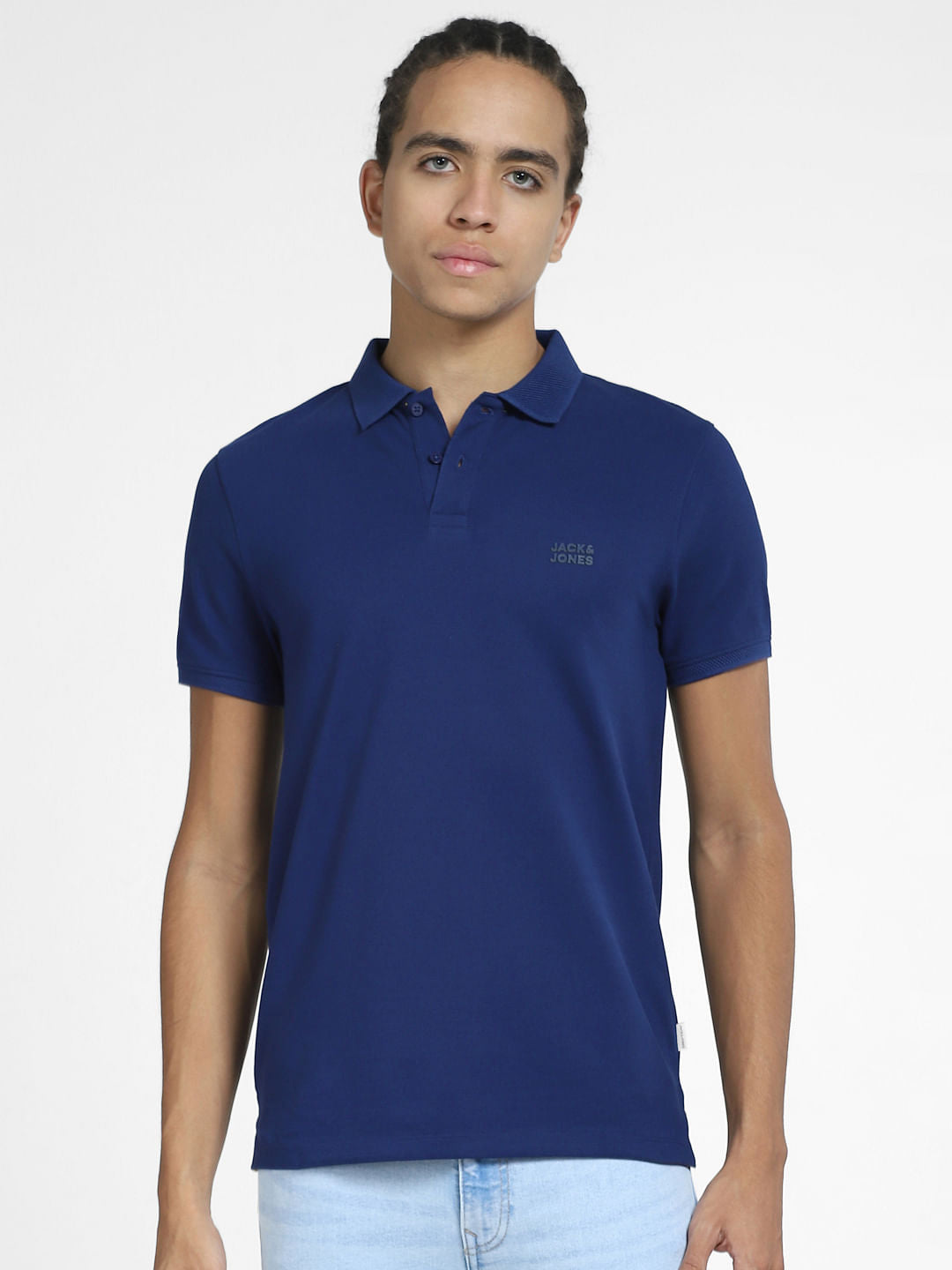 Dark Blue Logo Print Polo Neck T-shirt