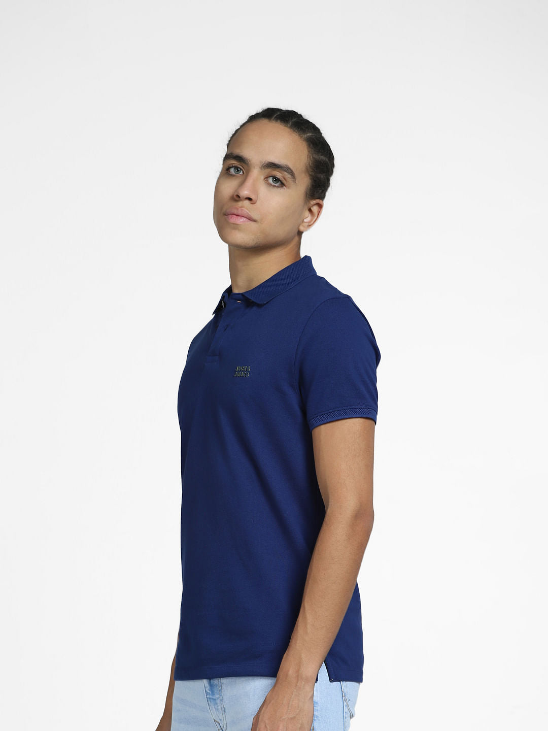 Dark Blue Logo Print Polo Neck T-shirt