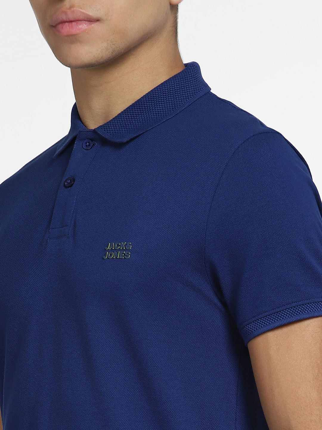 Dark Blue Logo Print Polo Neck T-shirt