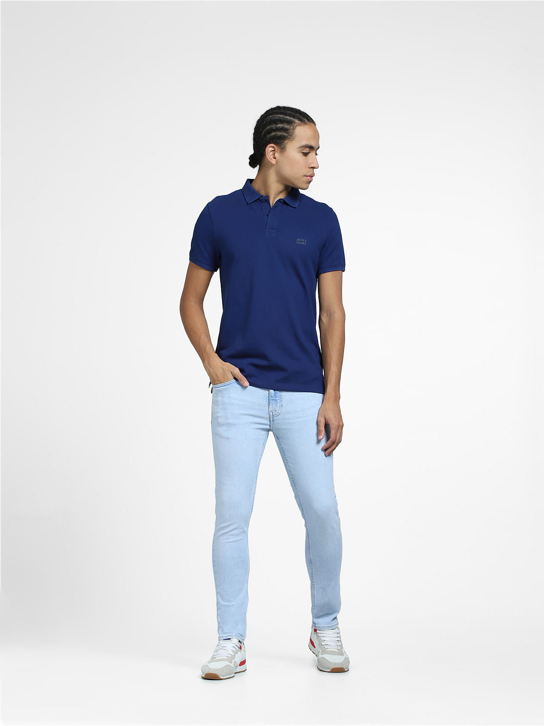 Dark Blue Logo Print Polo Neck T-shirt