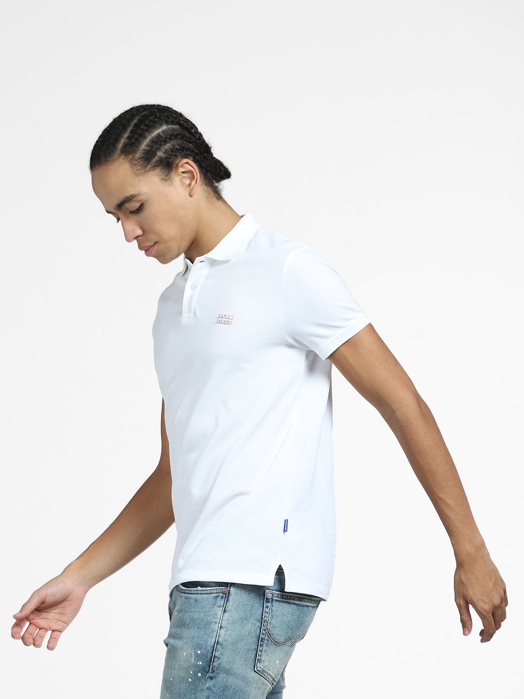White Logo Print Polo Neck T-shirt