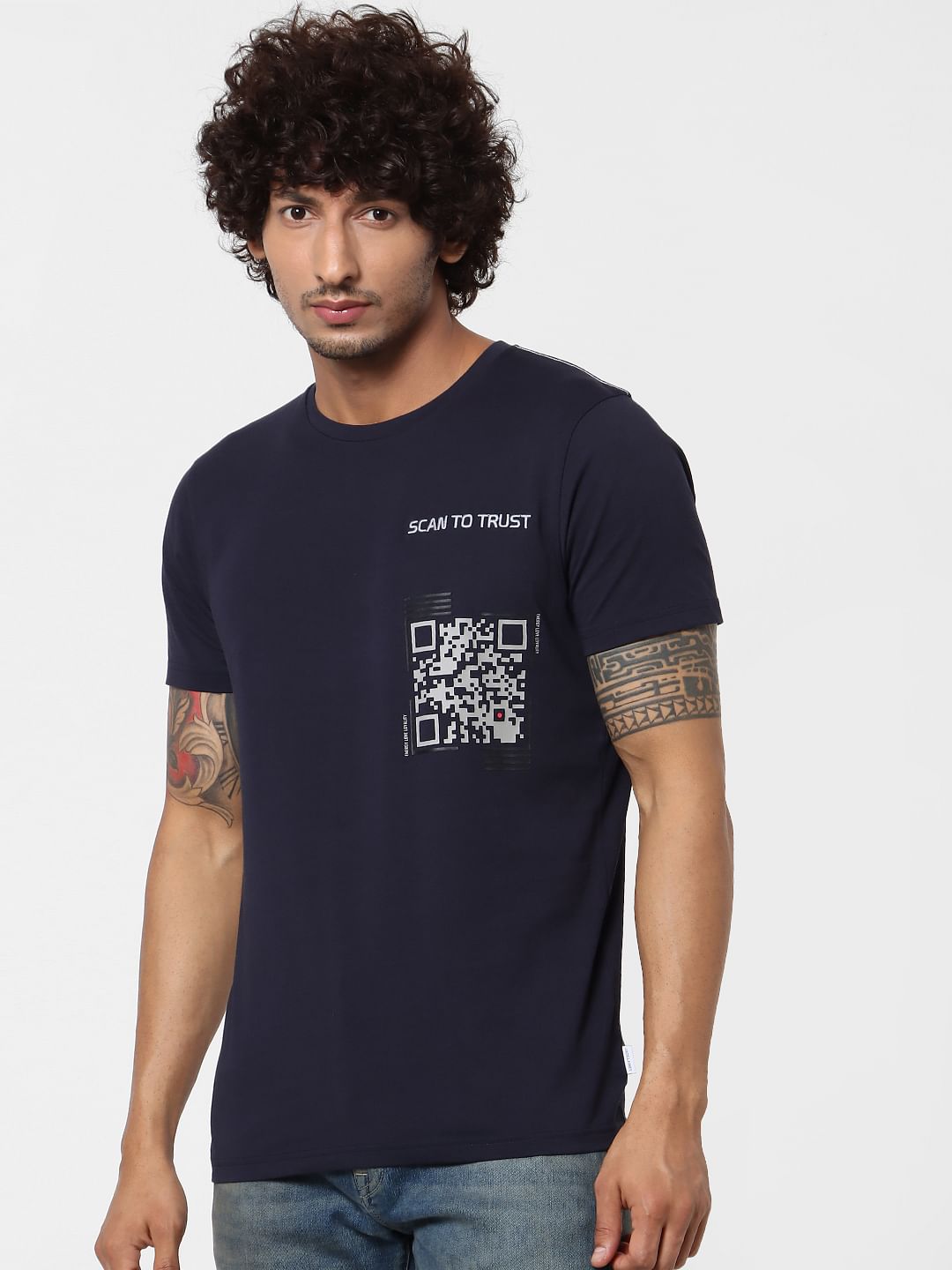 Navy Blue Scanner Print Crew Neck T-shirt