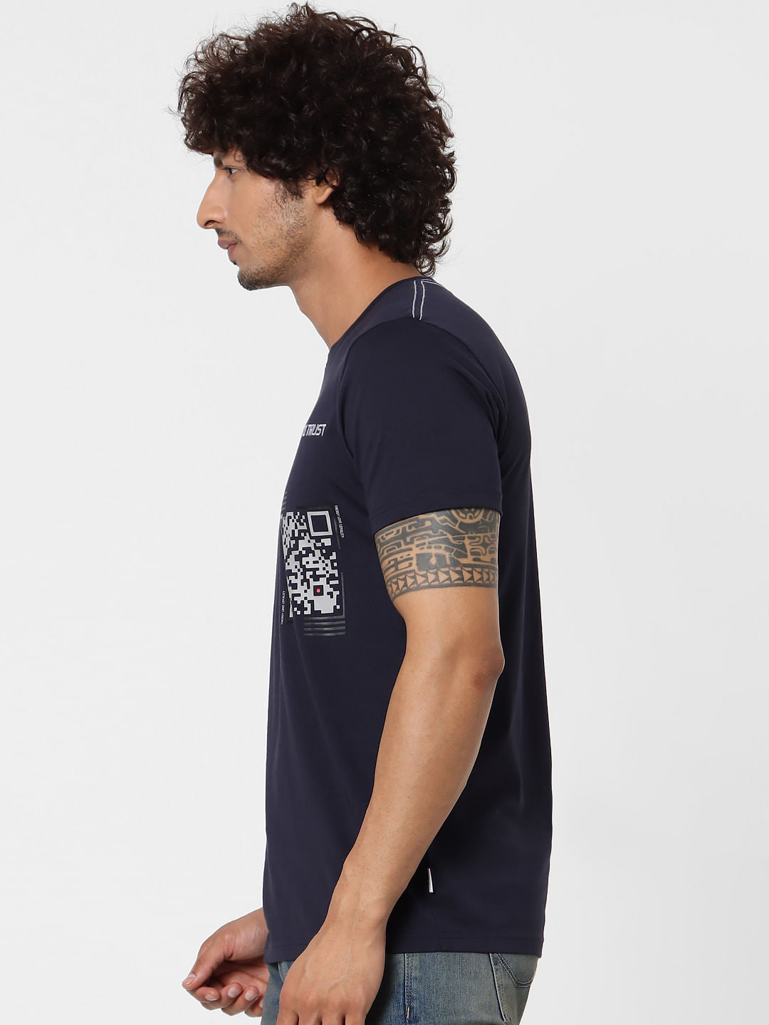 Navy Blue Scanner Print Crew Neck T-shirt