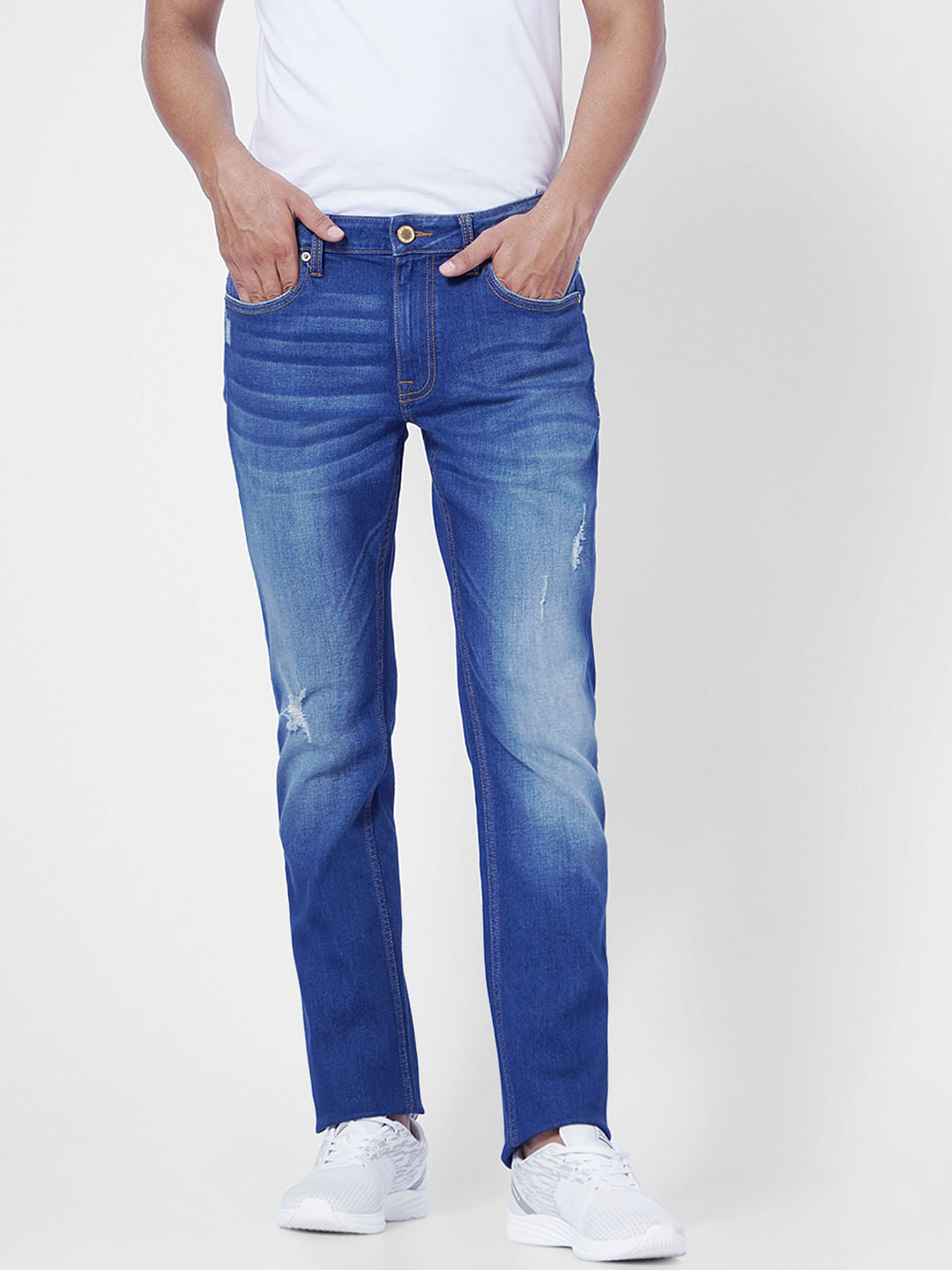 Blue Mid Rise Distressed Clark Regular Fit Jeans