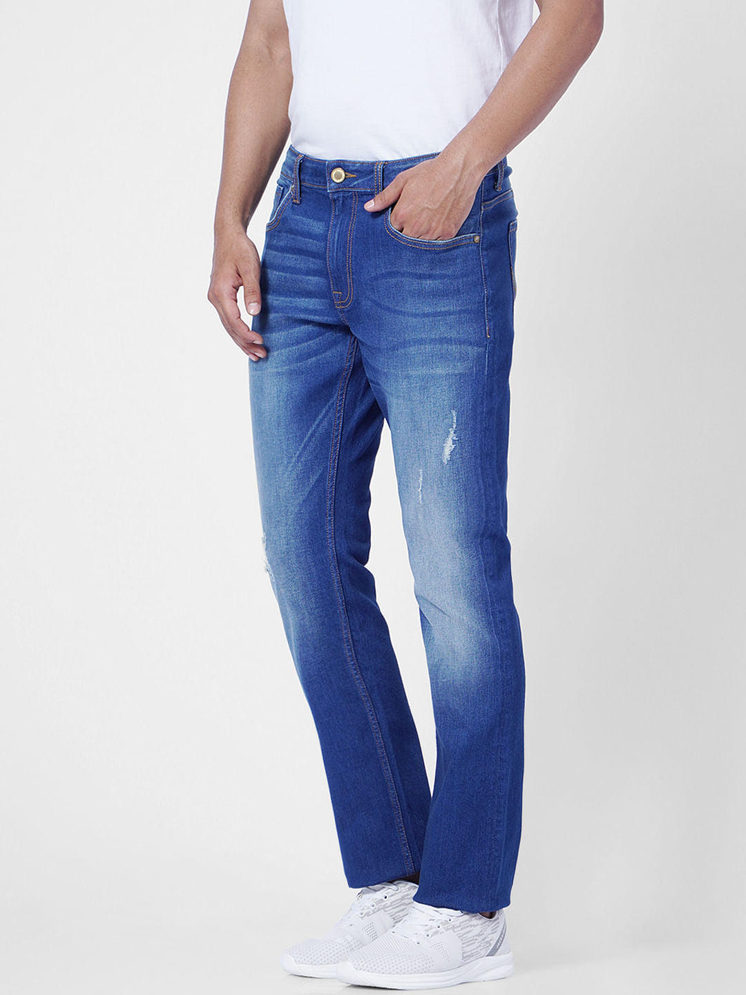 Blue Mid Rise Distressed Clark Regular Fit Jeans
