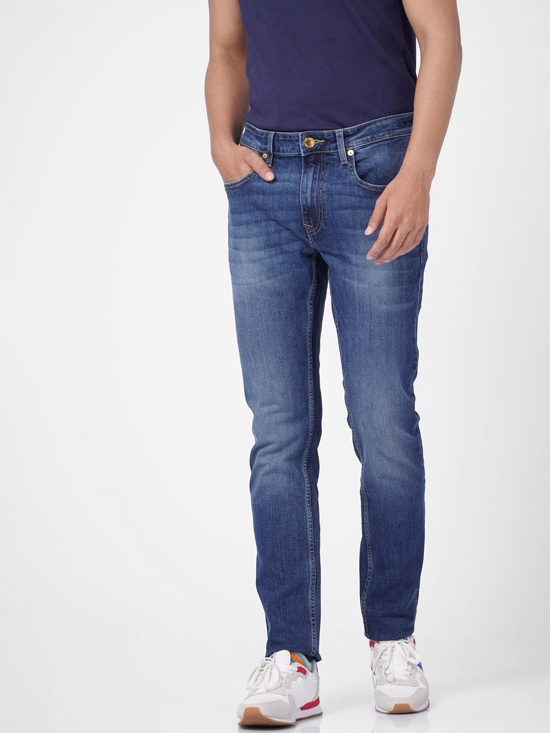 Blue Low Rise Washed Tim Anti Fit Jeans