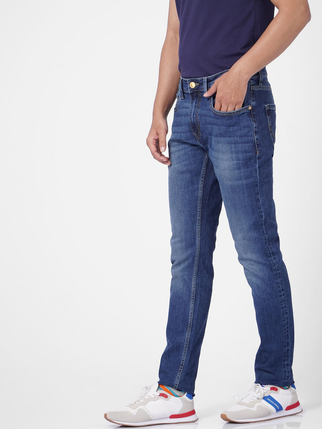 Blue Low Rise Washed Tim Anti Fit Jeans