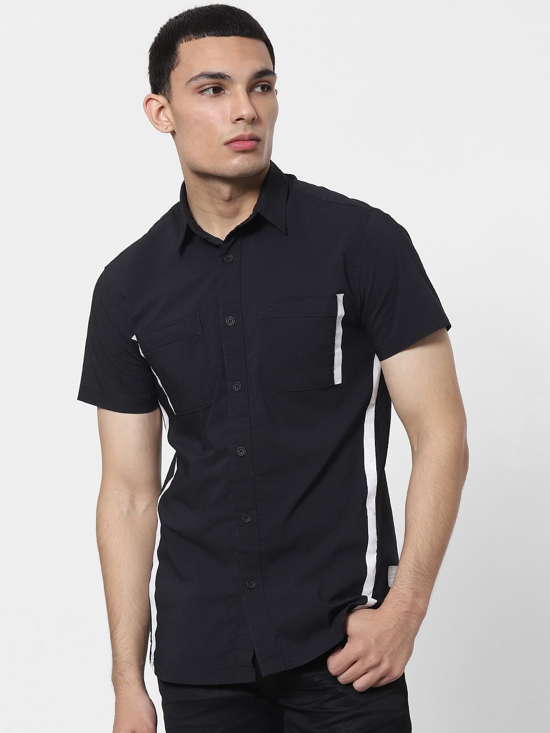 Black Tape Detail Short Sleeves Shirt