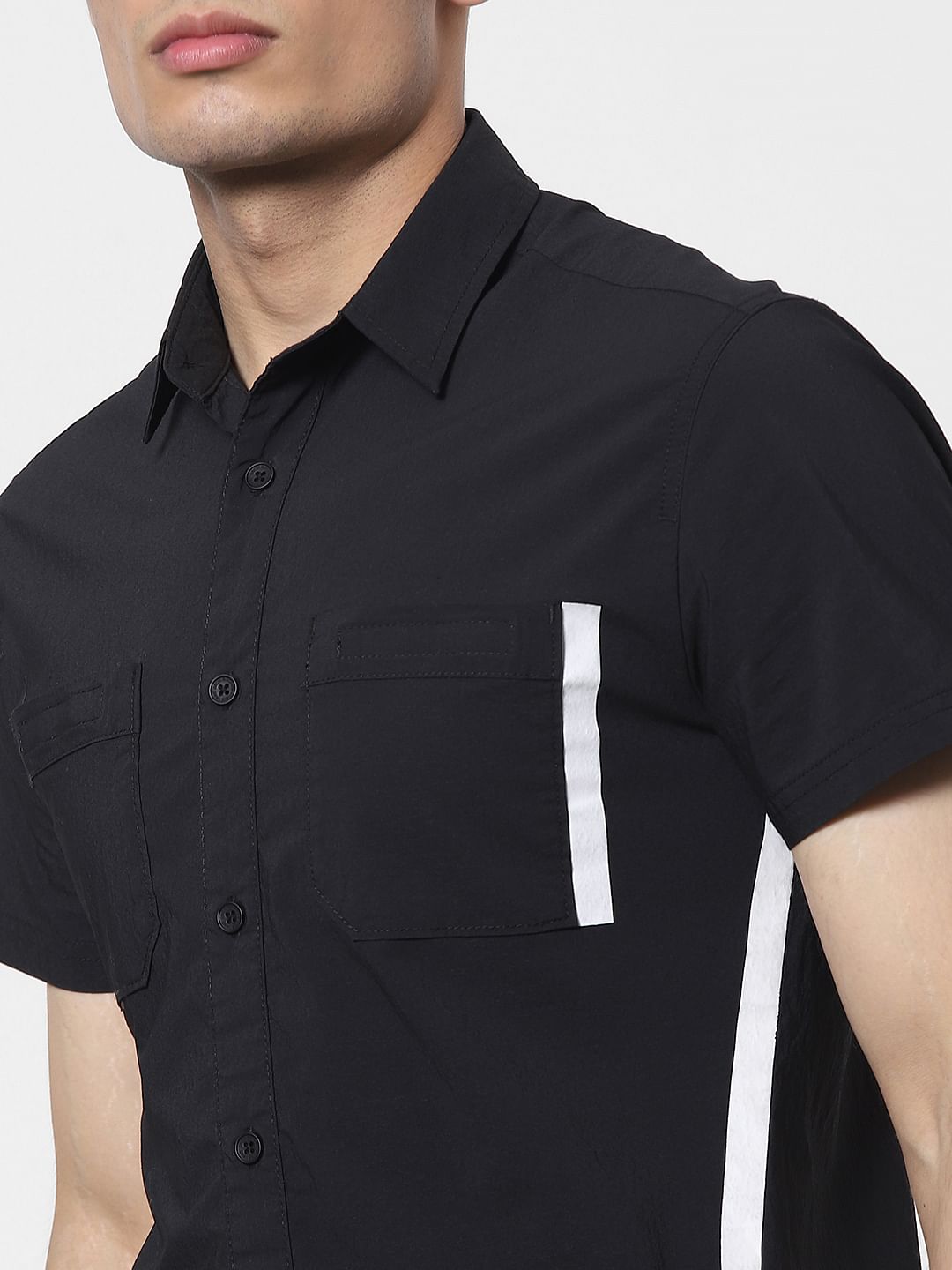 Black Tape Detail Short Sleeves Shirt