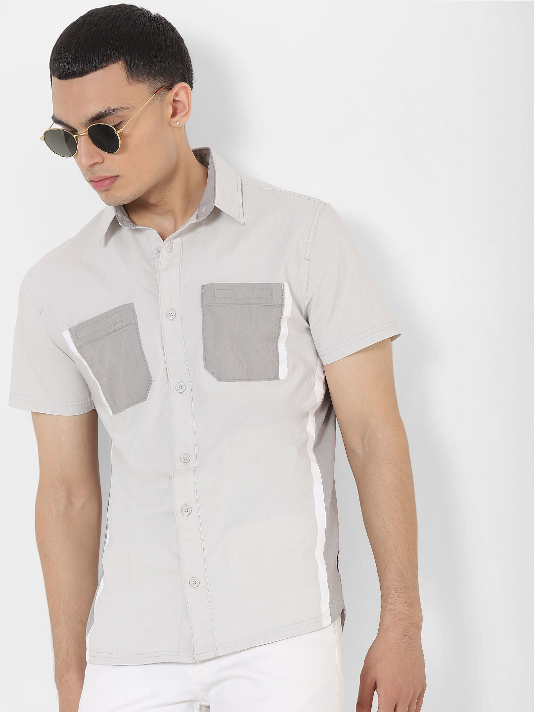 Grey Colourblocked Short Sleeves Shirt