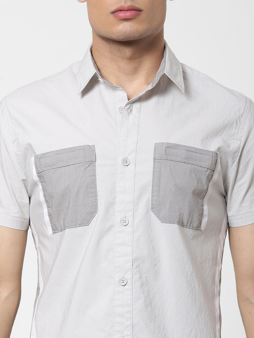 Grey Colourblocked Short Sleeves Shirt