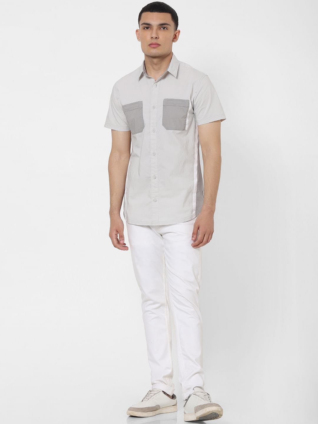 Grey Colourblocked Short Sleeves Shirt