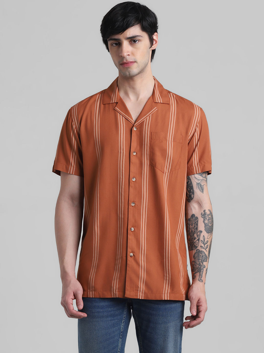 Brown Striped Short Sleeves Shirt