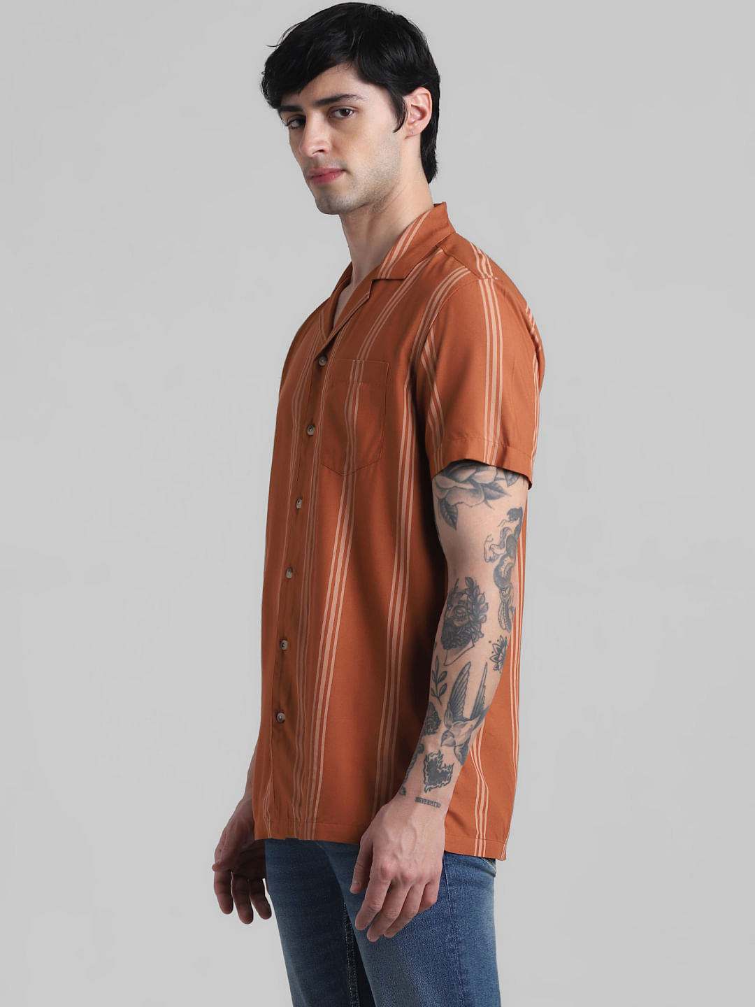 Brown Striped Short Sleeves Shirt