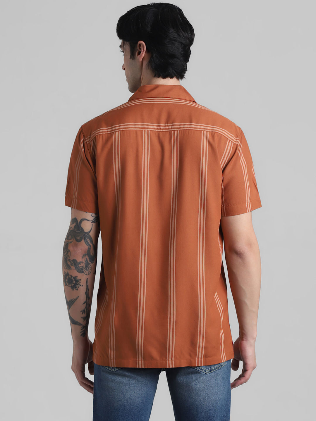 Brown Striped Short Sleeves Shirt