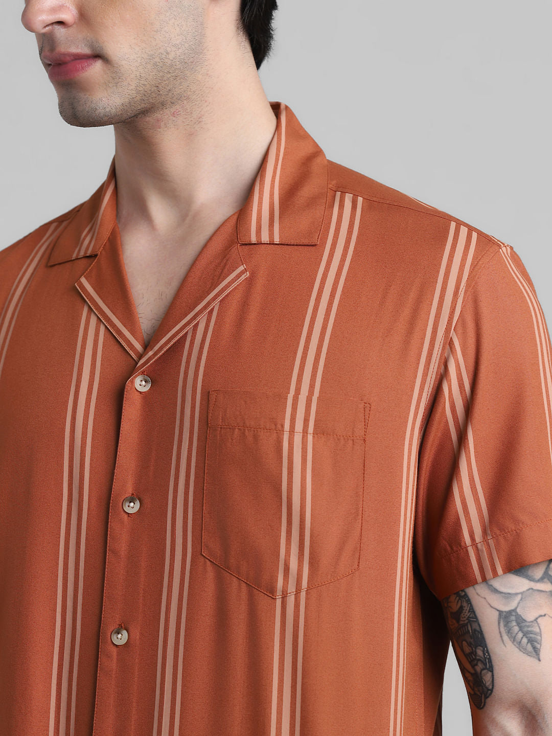 Brown Striped Short Sleeves Shirt