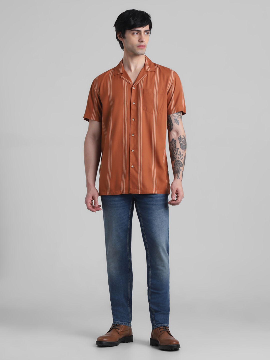 Brown Striped Short Sleeves Shirt