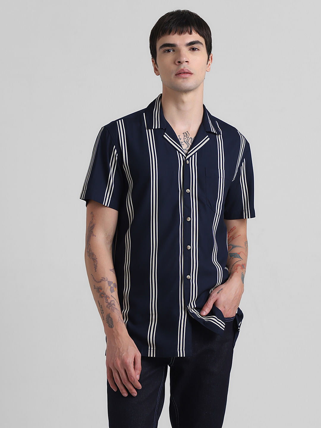 Navy Blue Striped Short Sleeves Shirt