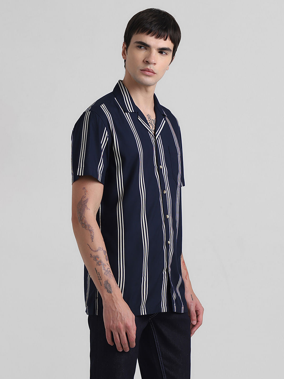 Navy Blue Striped Short Sleeves Shirt