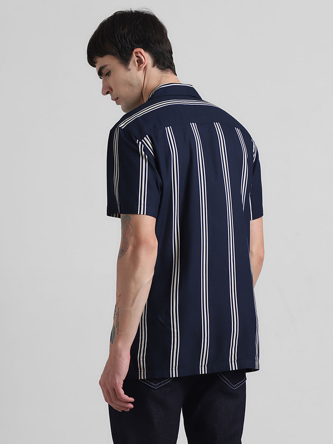 Navy Blue Striped Short Sleeves Shirt