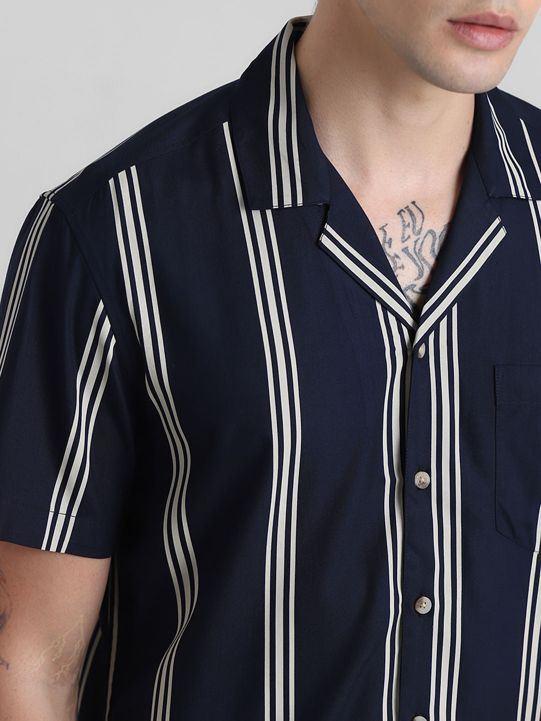 Navy Blue Striped Short Sleeves Shirt