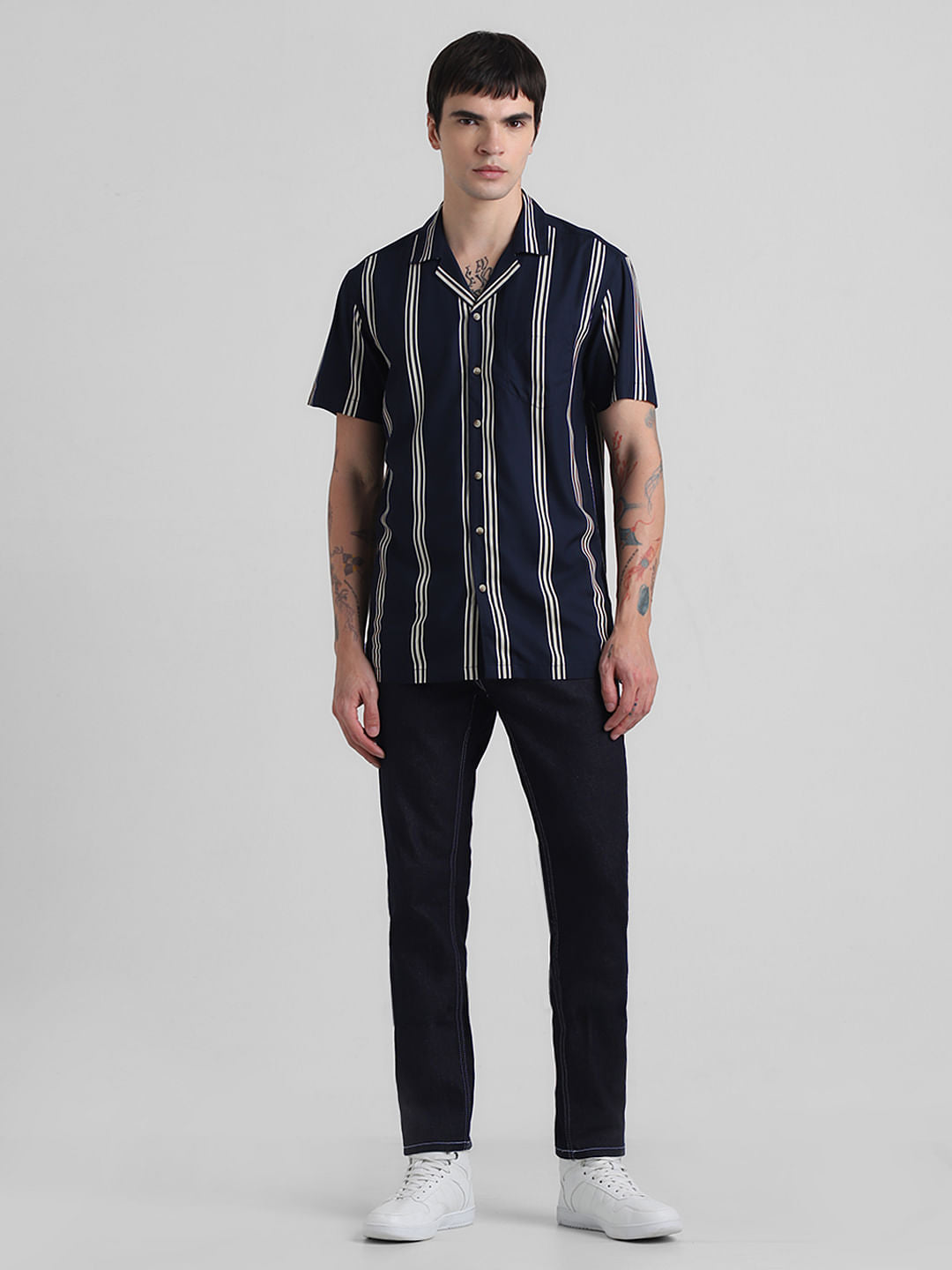 Navy Blue Striped Short Sleeves Shirt