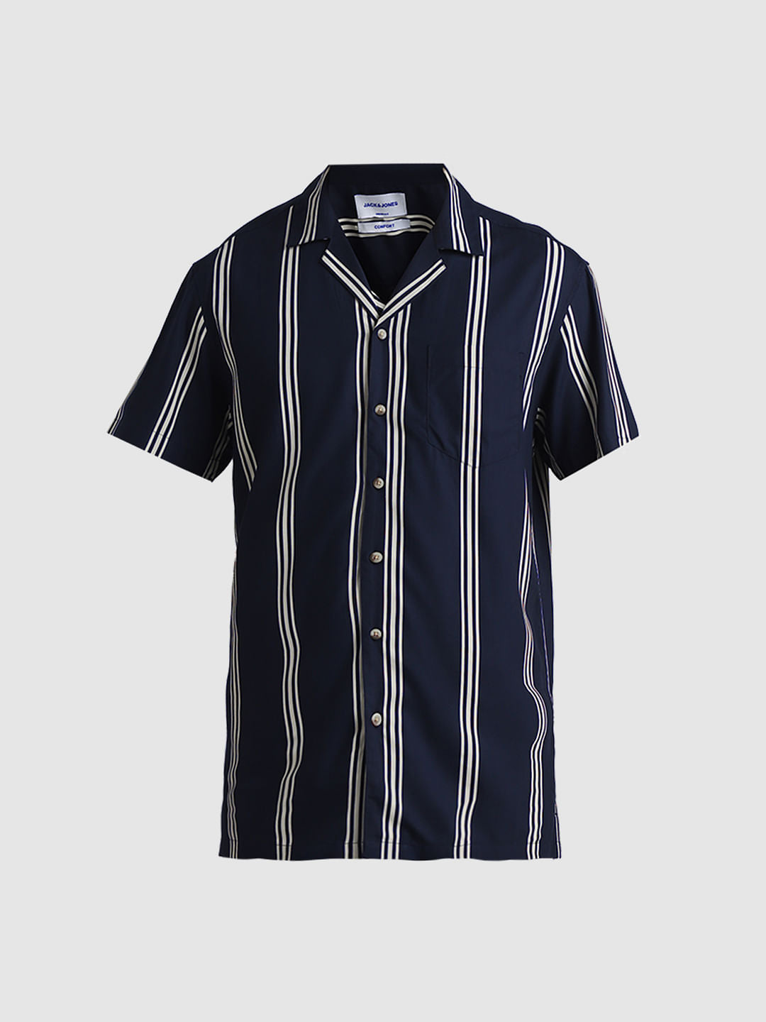 Navy Blue Striped Short Sleeves Shirt