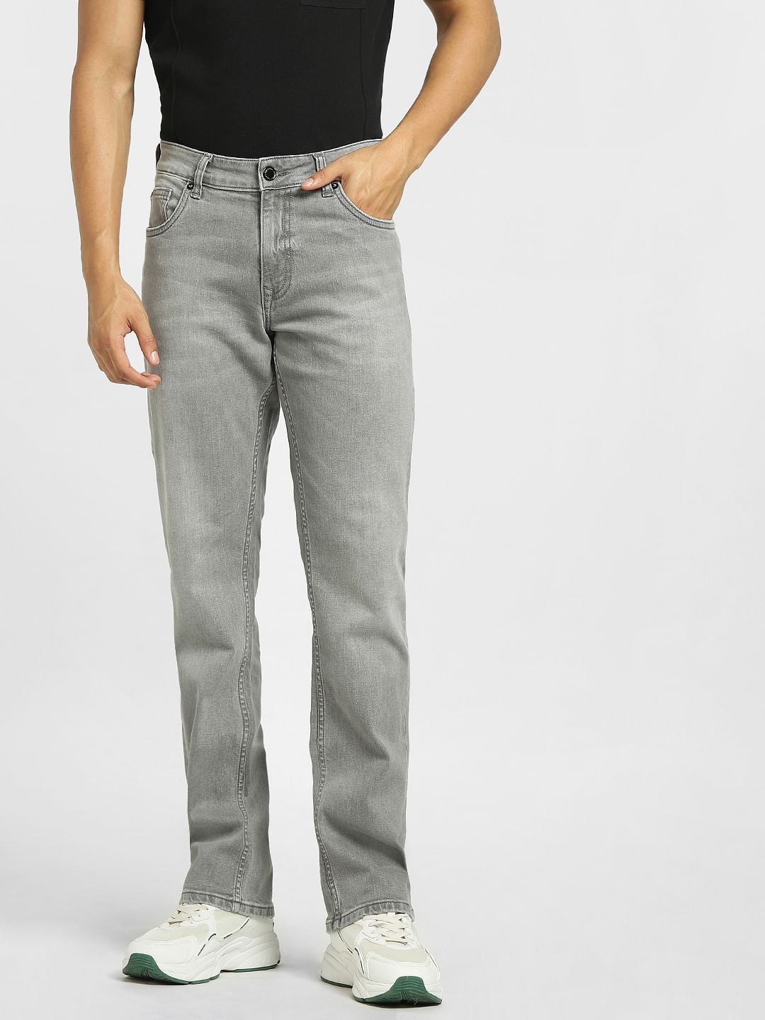 Grey Mid Rise Clark Regular Fit Jeans