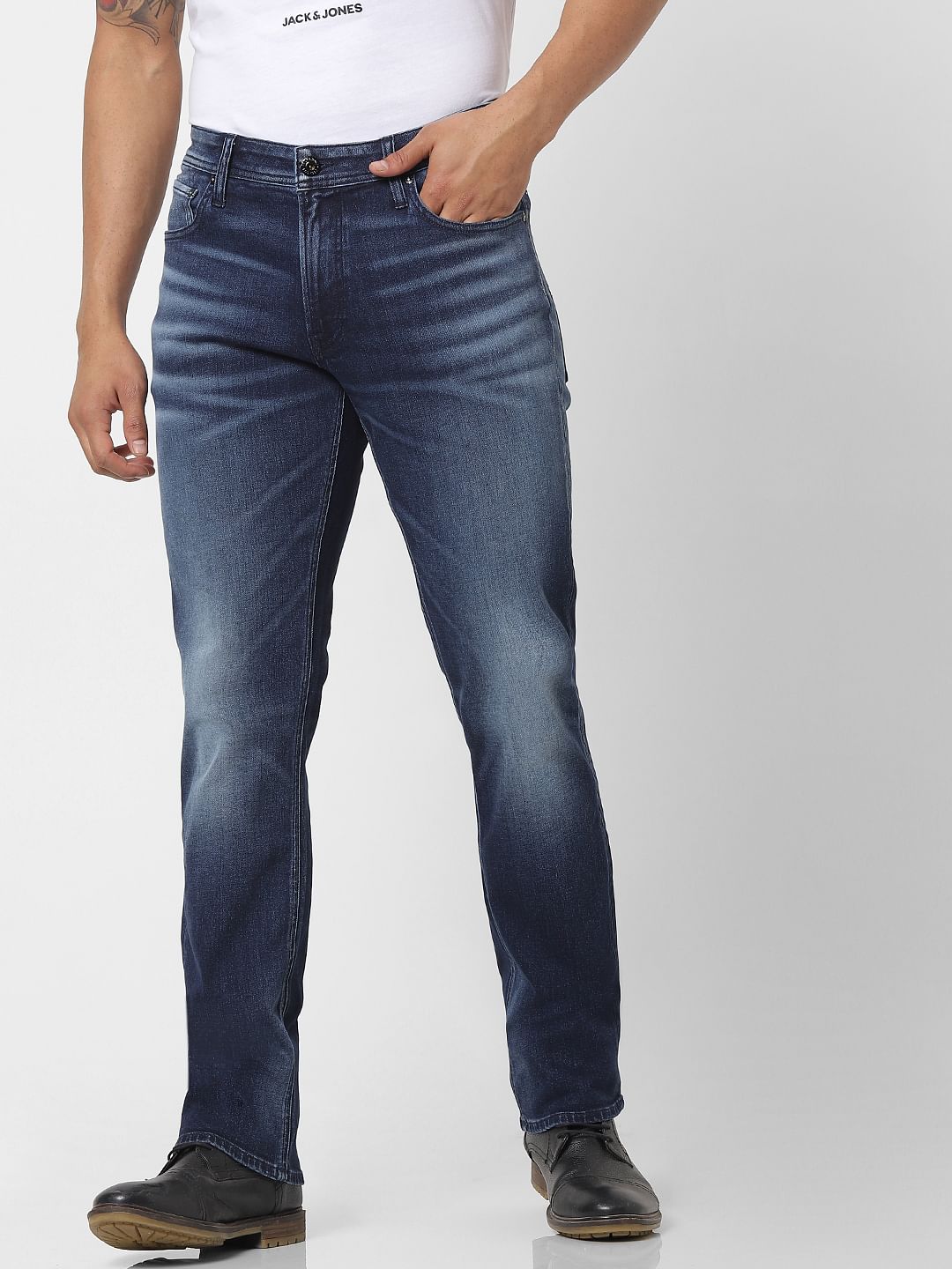 Blue Mid Rise Clark Regular Fit Washed Jeans