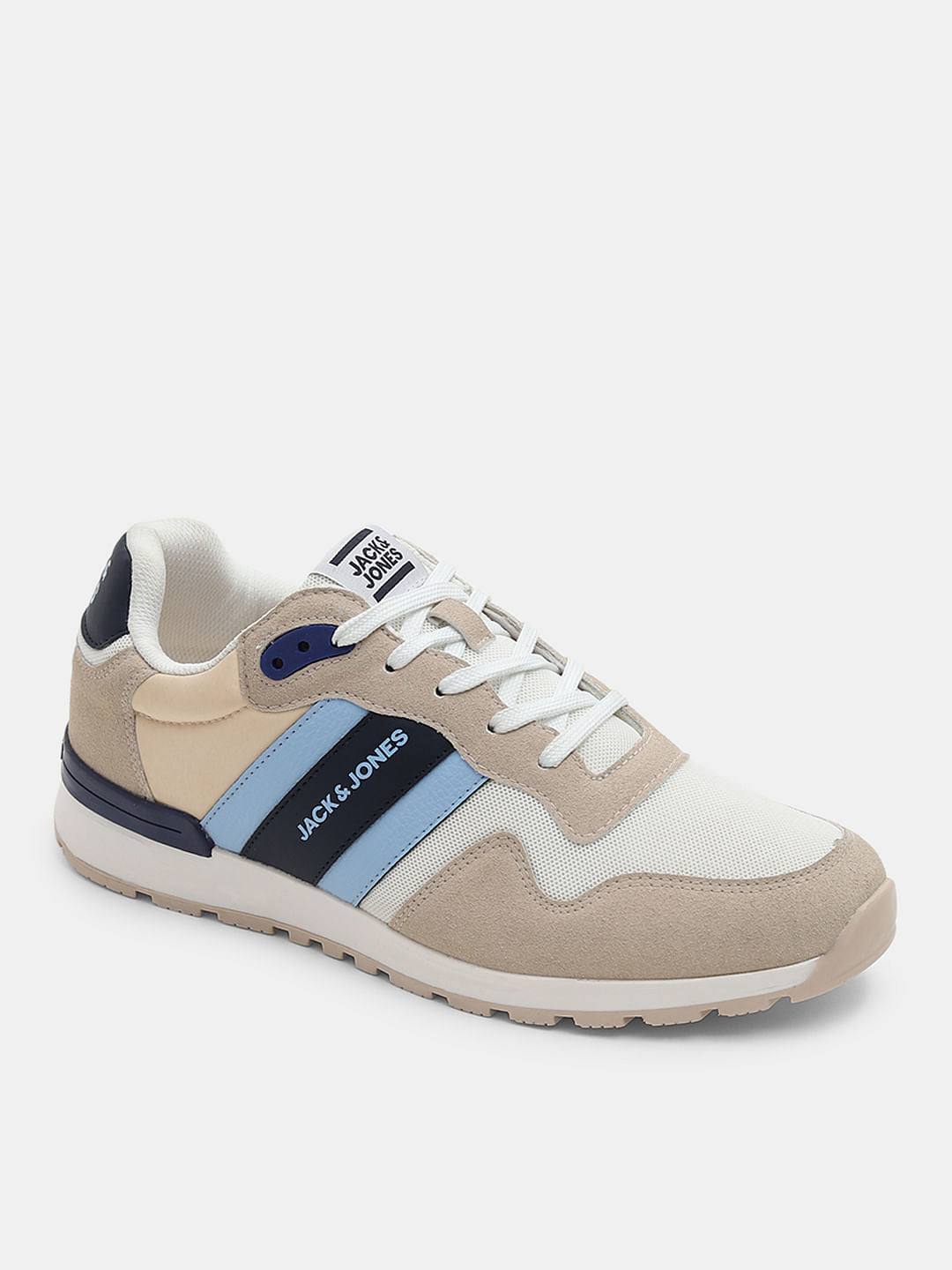 Beige Colourblocked Logo Print Sneakers