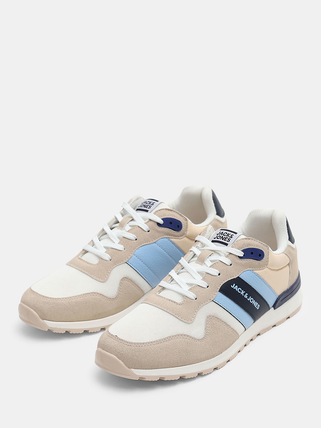 Beige Colourblocked Logo Print Sneakers